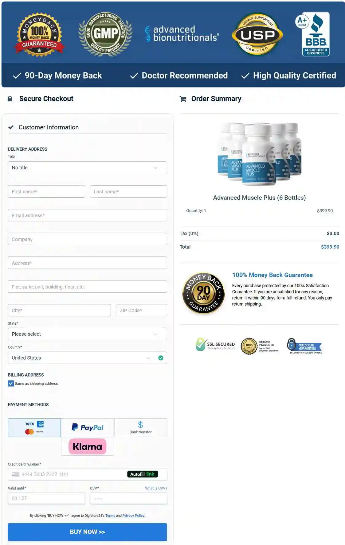 Advanced Muscle Plus Checkout page